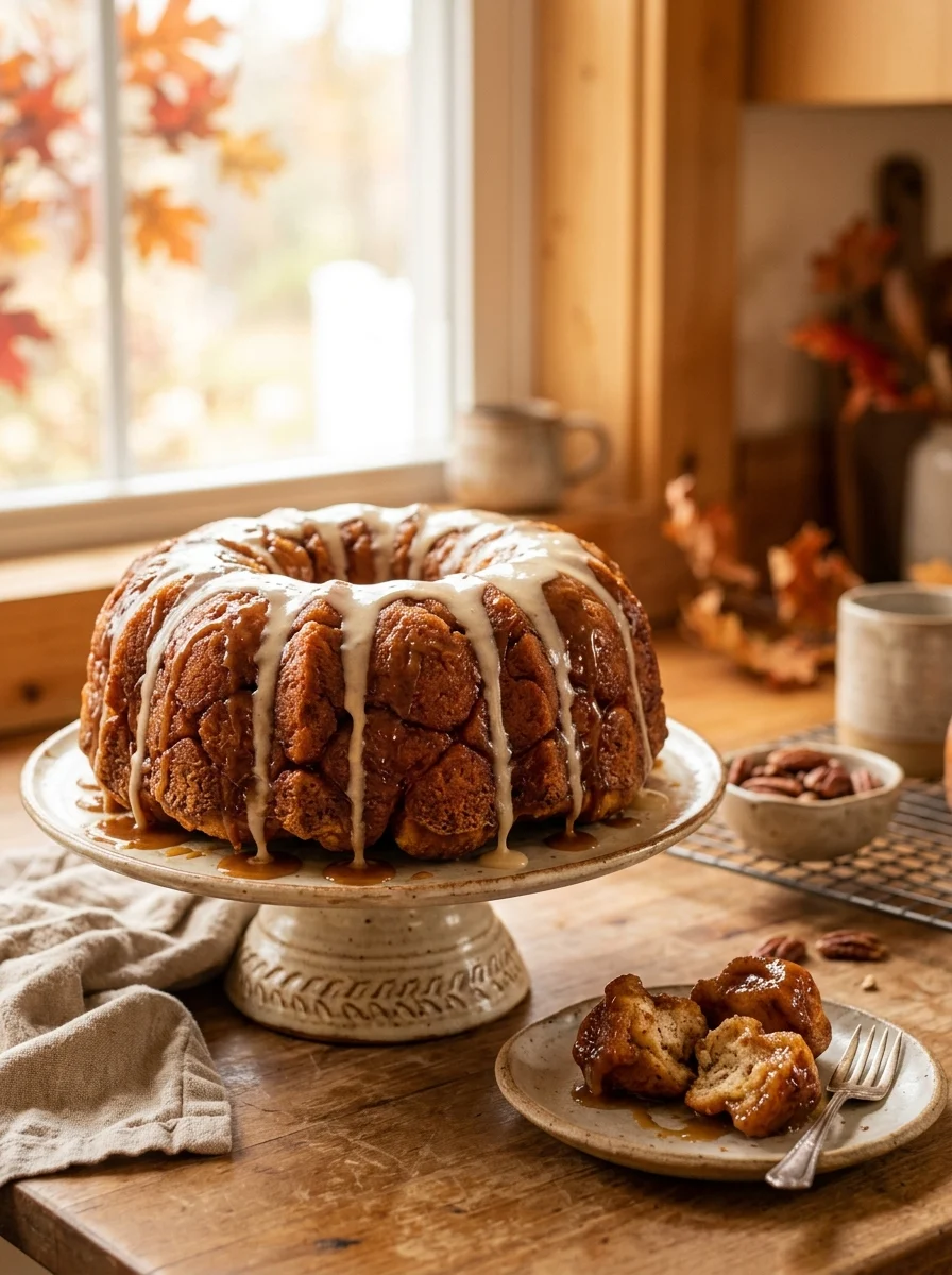 Homemade monkey bread on a cake stand with vanilla glaze dripping down the sides