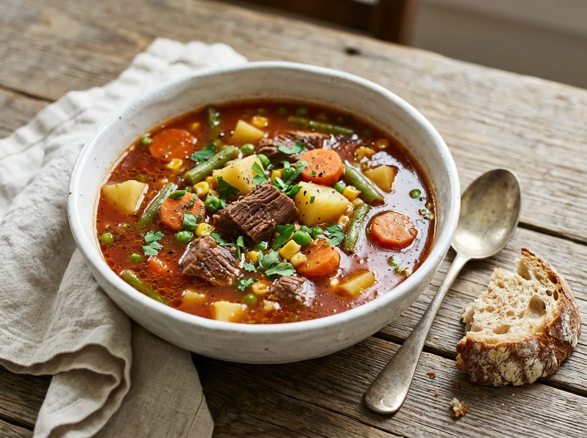 Bowl of homemade vegetable beef soup with a spoon and a slice of crusty bread on a wooden table