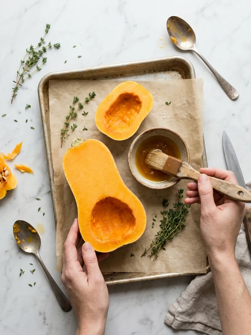 Halved honeynut squash on a baking sheet ready to brush with maple butter