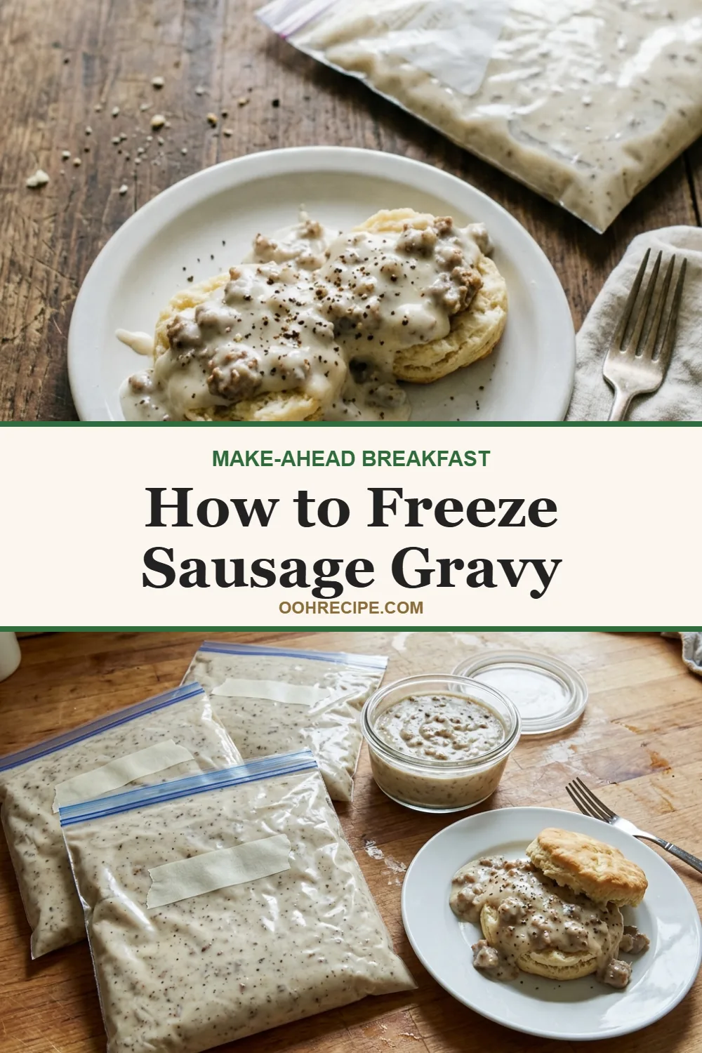 How to freeze sausage gravy: biscuits and gravy on a white plate and gravy portions in freezer bags