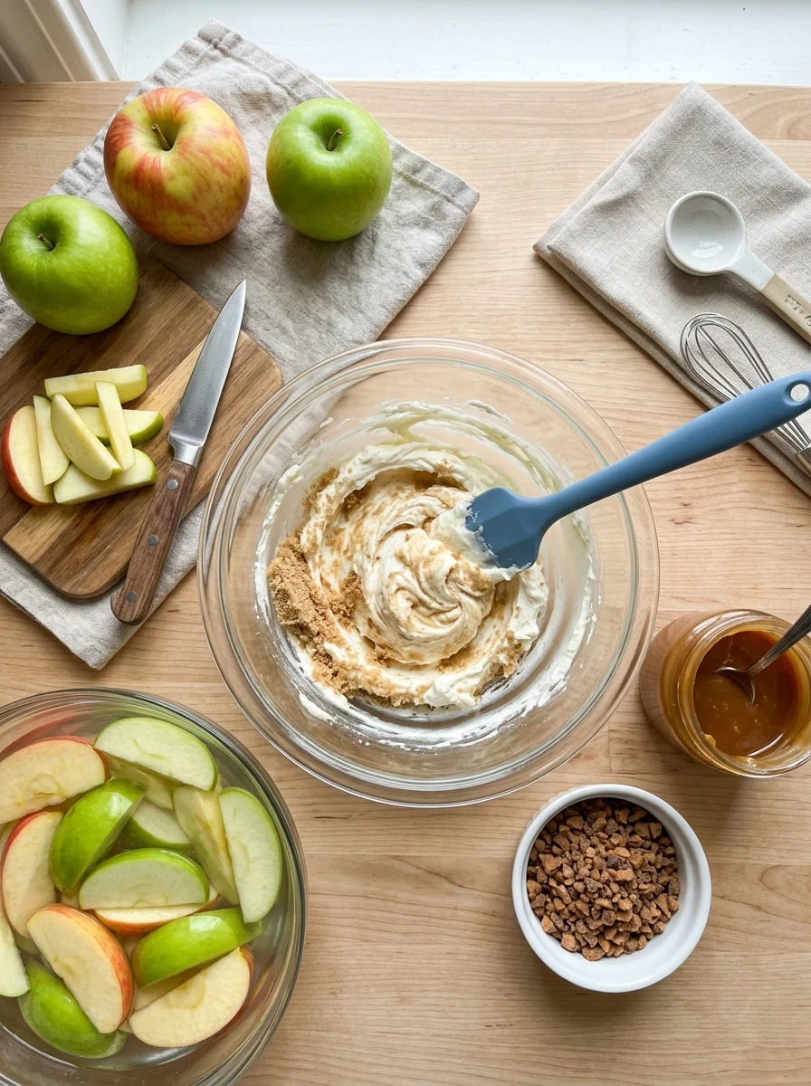 Whipped cream cheese and brown sugar in a bowl with caramel, toffee bits and apple slices soaking