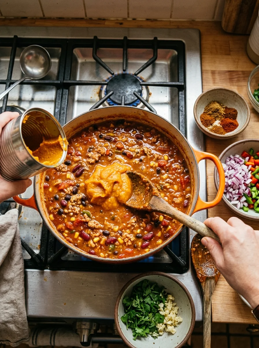 Pumpkin puree being stirred into turkey and bean chili in a Dutch oven on the stove