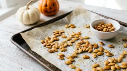 How to roast pumpkin seeds: golden salted seeds on a parchment-lined baking sheet