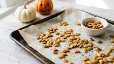 How to roast pumpkin seeds: golden salted seeds on a parchment-lined baking sheet