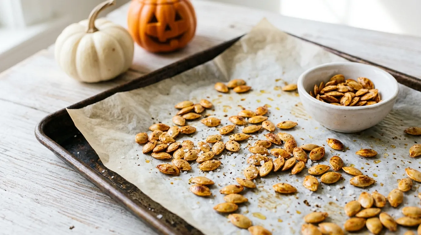 How to roast pumpkin seeds: golden salted seeds on a parchment-lined baking sheet