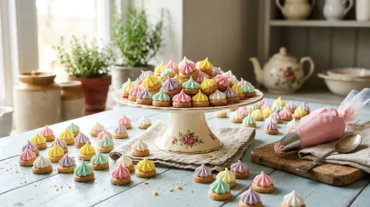 Homemade iced gems biscuits with pastel royal icing stars on a vintage cake stand