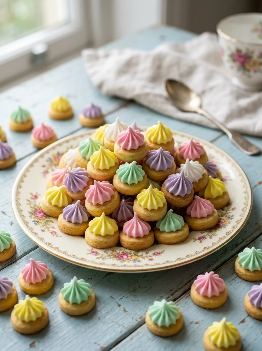 Homemade iced gems biscuits with pastel royal icing stars on a vintage plate
