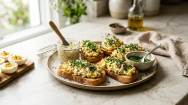 Platter of Ina Garten truffled egg salad tartines on toasted ciabatta with chives