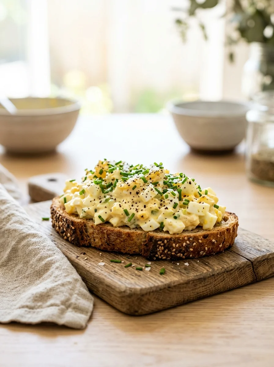 Egg salad tartine on toasted whole grain bread topped with chives and black pepper