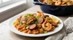 Ina Garten jambalaya on a white plate with chicken thigh, andouille, shrimp and a lemon wedge