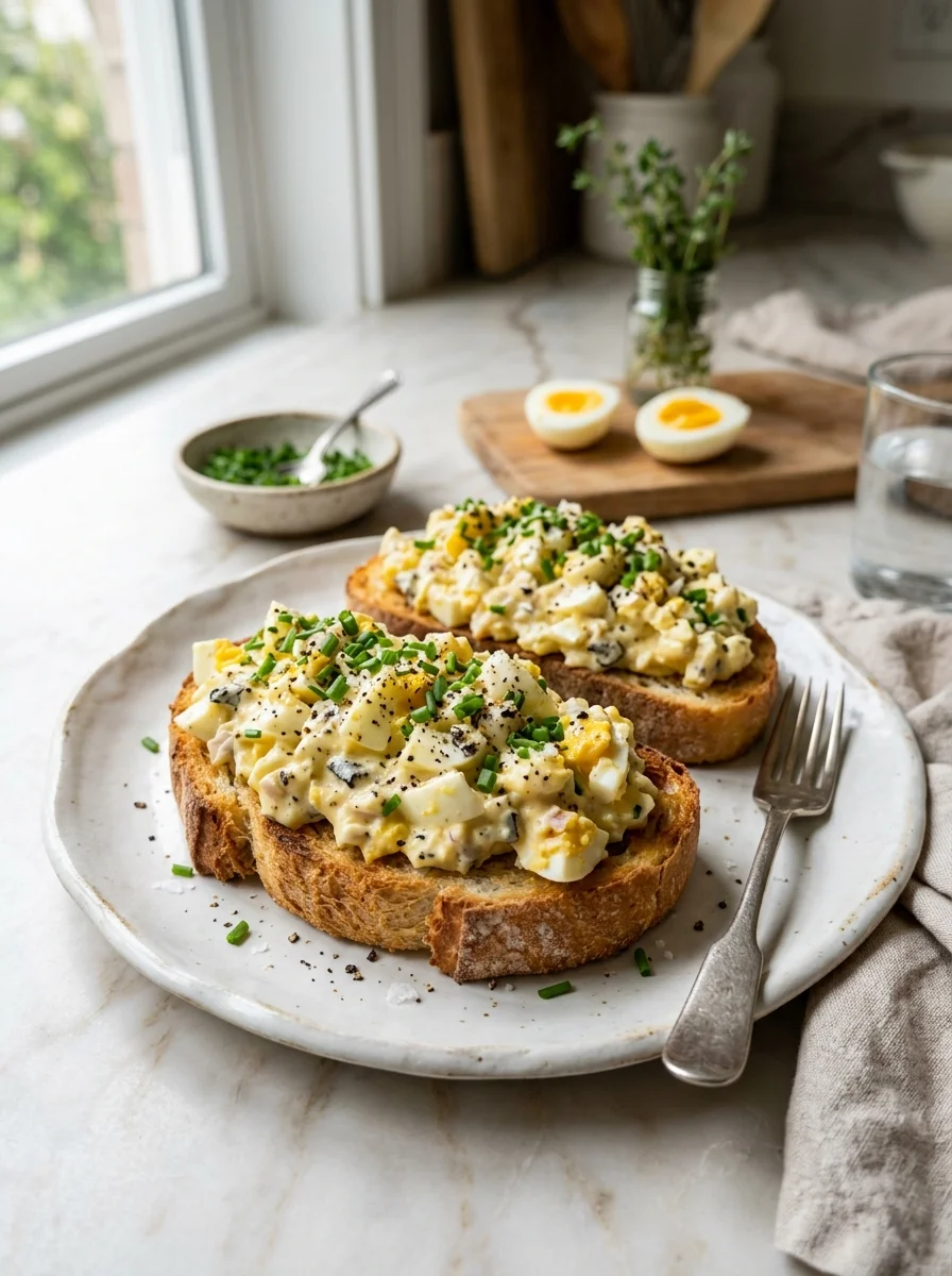 Ina Garten truffled egg salad on toasted ciabatta with fresh chives