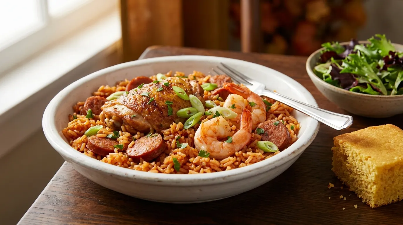 Bowl of Creole jambalaya with shrimp and andouille served with cornbread and a green salad