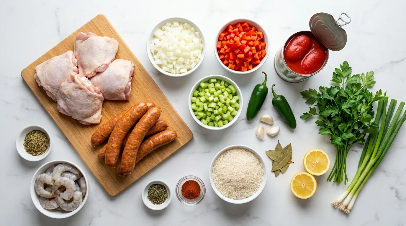 Ingredients for shrimp, chicken and sausage jambalaya laid out on a white marble counter