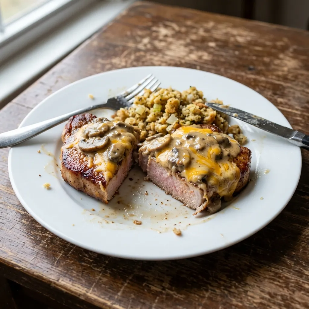 Seared pork chop sliced open showing a juicy center, with mushroom sauce and stuffing on a white plate