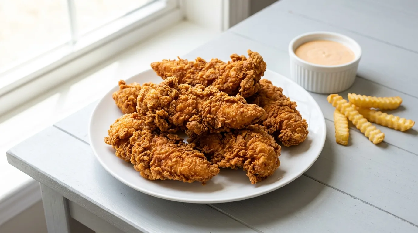 KFC chicken tenders recipe: crispy golden copycat tenders on a white plate with comeback sauce and fries