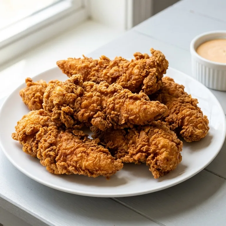 Crispy KFC-style chicken tenders on a white plate, square photo for the recipe card