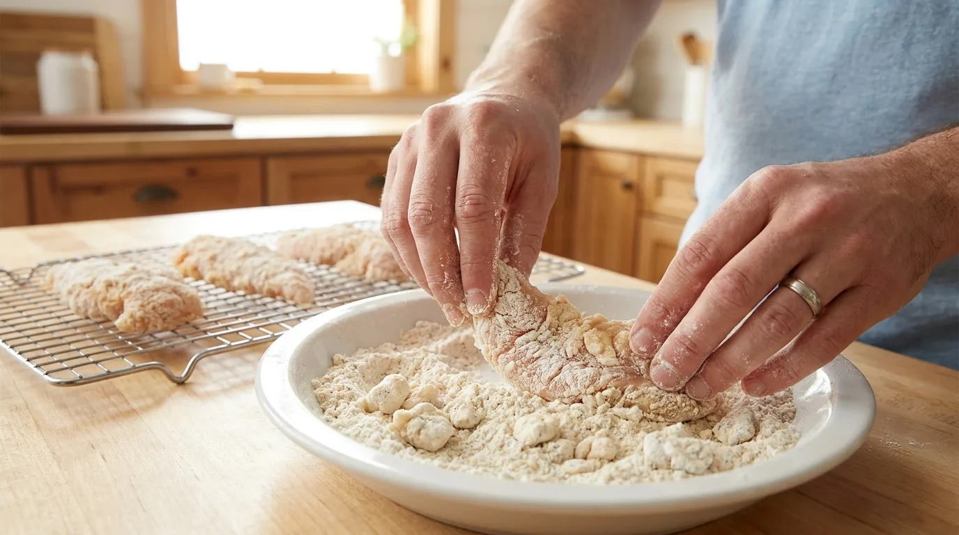 Hands double dipping a chicken tender in seasoned flour for a crispy KFC-style coating