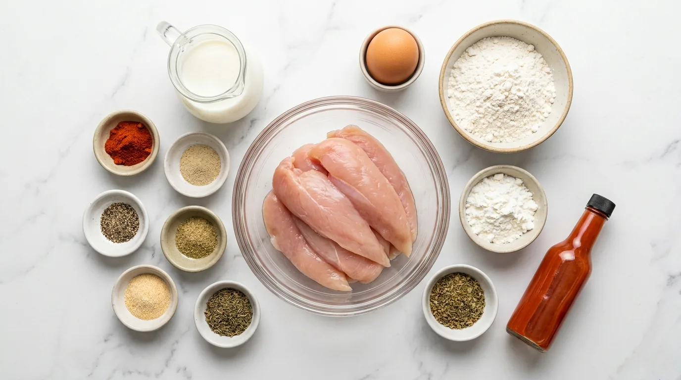 Ingredients for copycat KFC chicken tenders: chicken tenderloins, buttermilk, flour, egg, spices and hot sauce