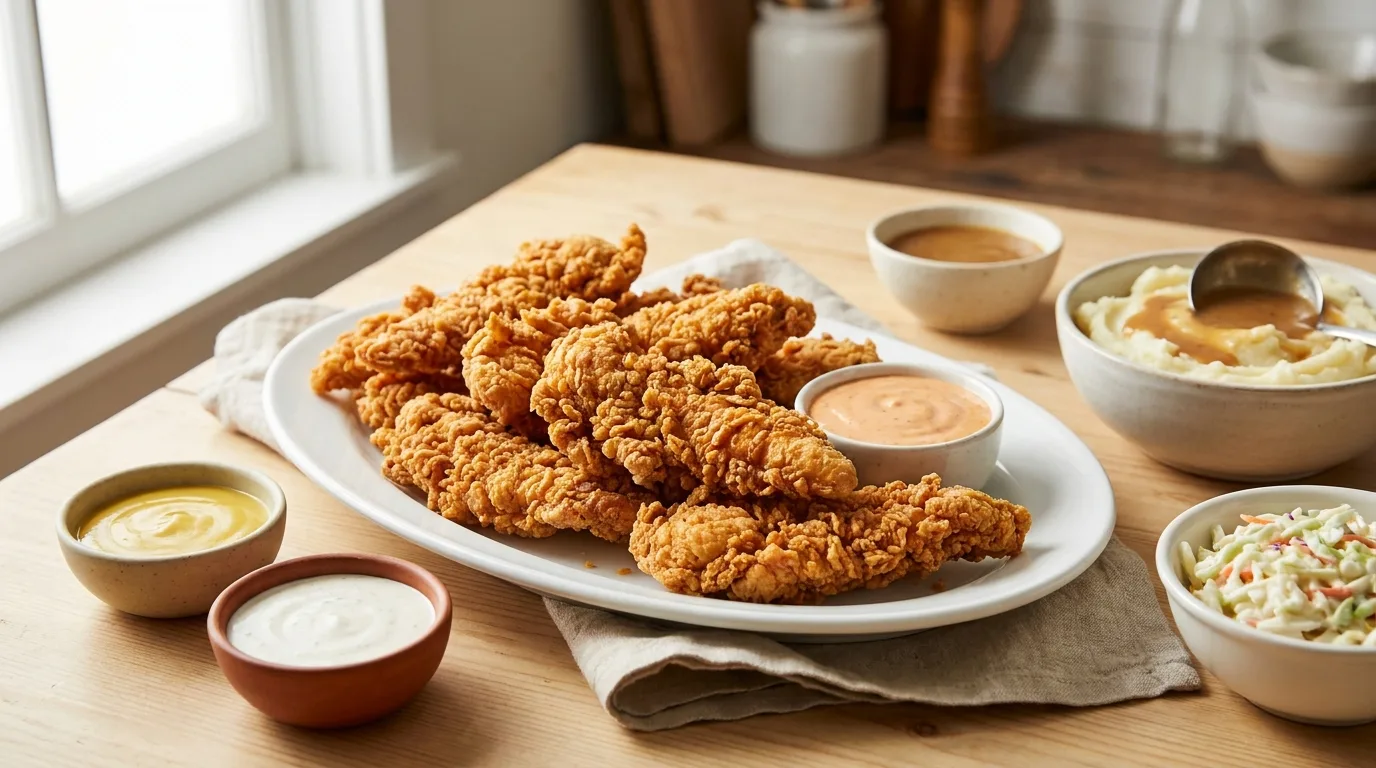 KFC-style chicken tenders on a platter with honey mustard, ranch, comeback sauce, mashed potatoes and coleslaw