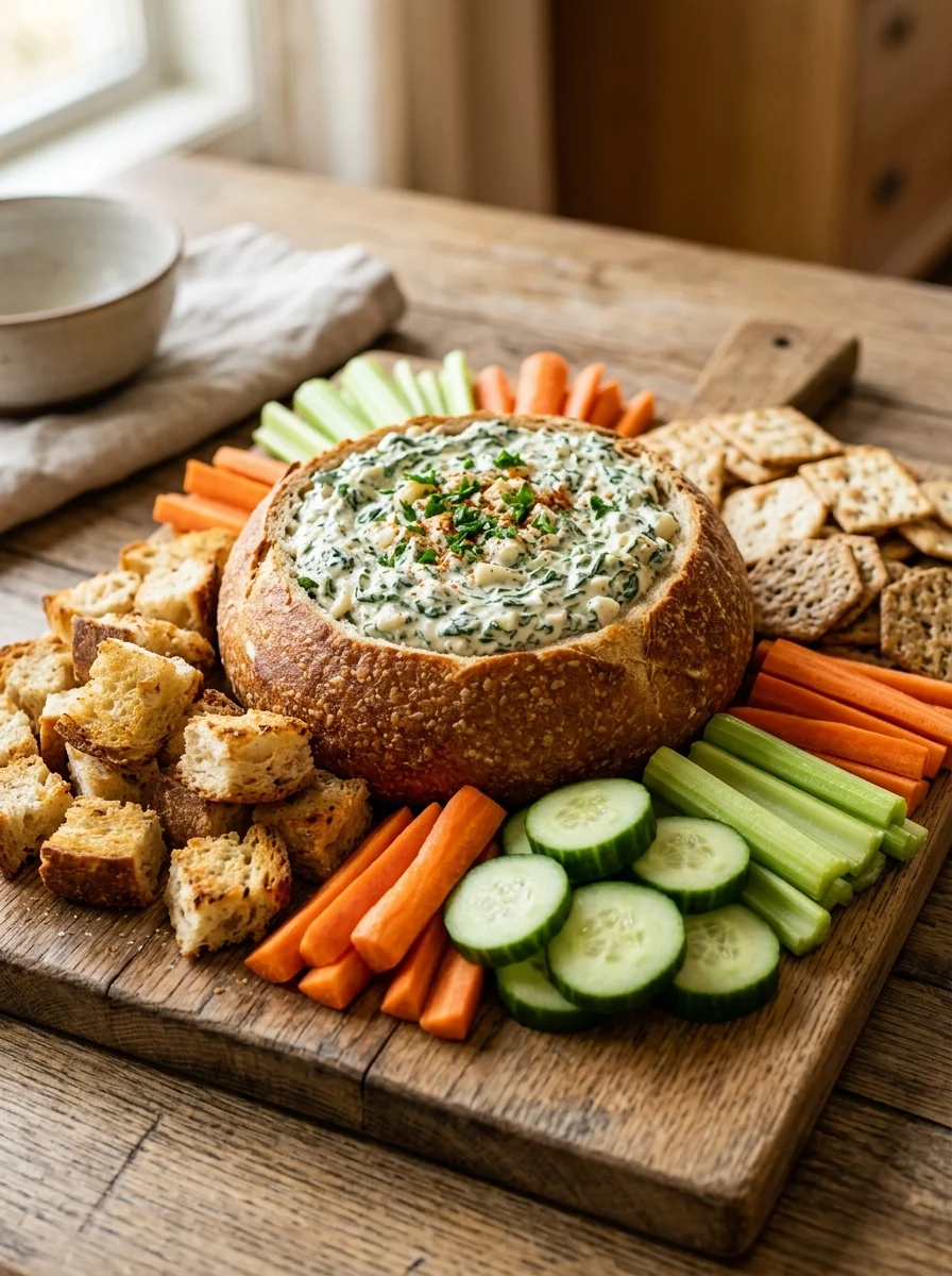 Knorr spinach dip in a sourdough bread bowl with bread cubes and fresh vegetables