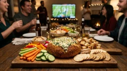Knorr spinach dip in a sourdough bread bowl with crackers and vegetables on a party board