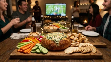 Knorr spinach dip in a sourdough bread bowl with crackers and vegetables on a party board