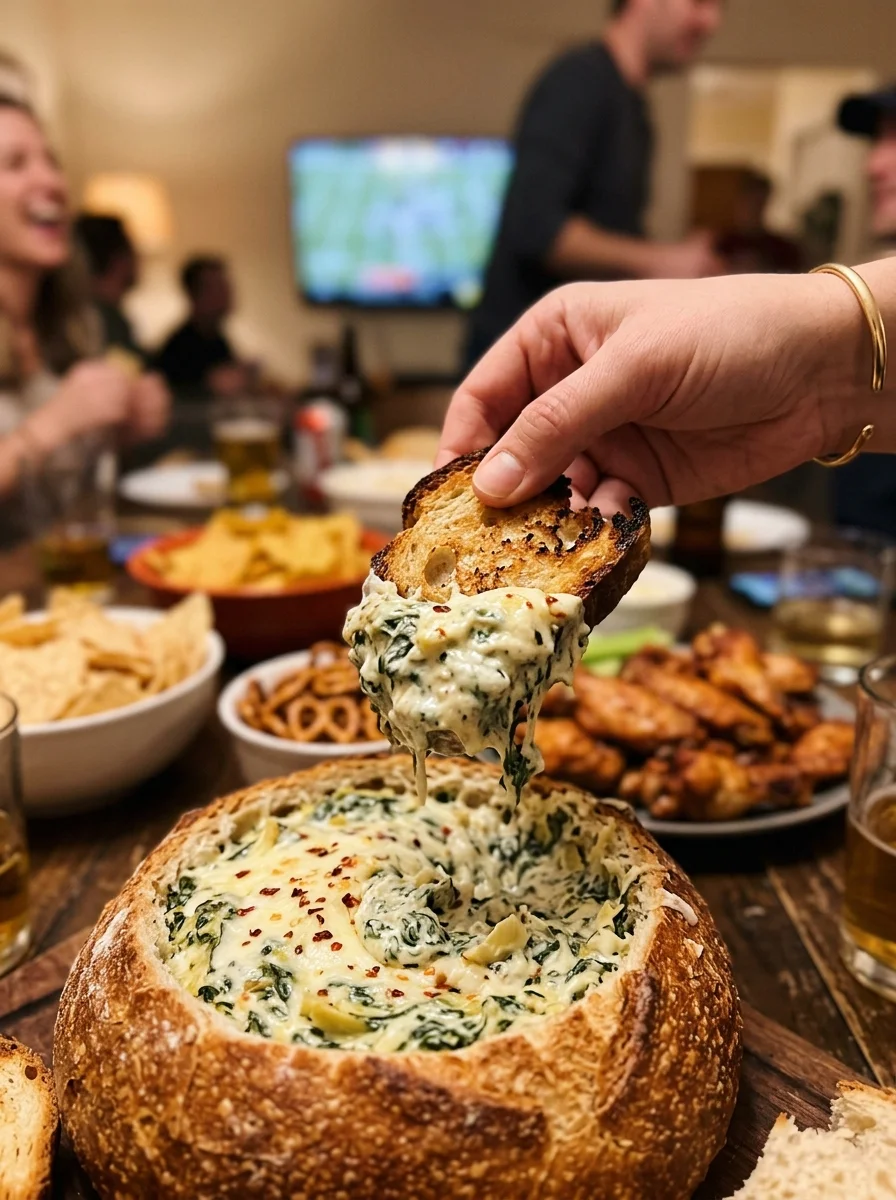 Scooping creamy Knorr spinach dip with bread from a bread bowl