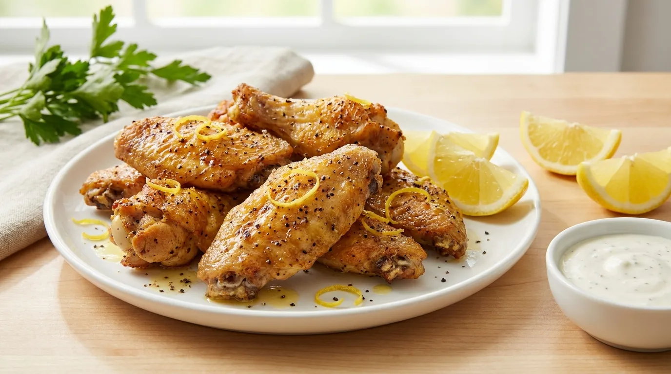 Lemon pepper wings tossed in butter and lemon pepper seasoning with lemon wedges and ranch