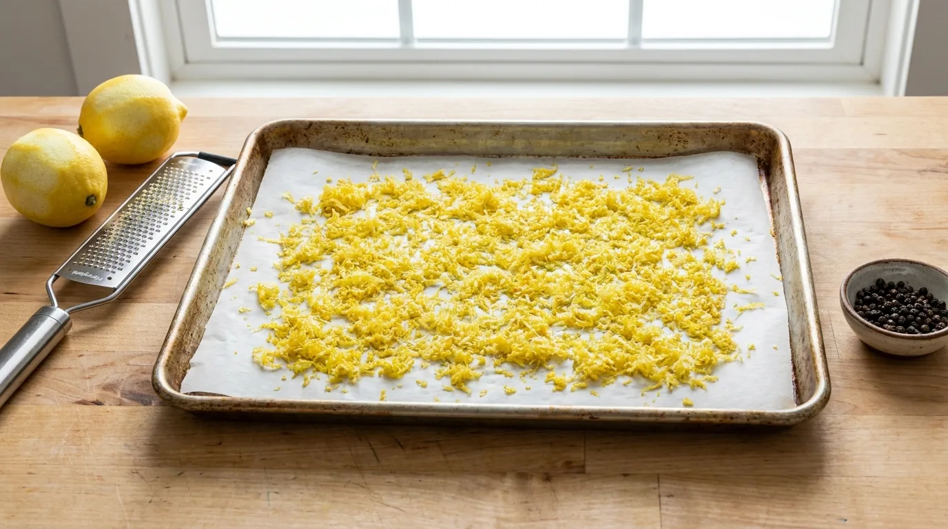 Fresh lemon zest spread on parchment before drying for homemade lemon pepper seasoning