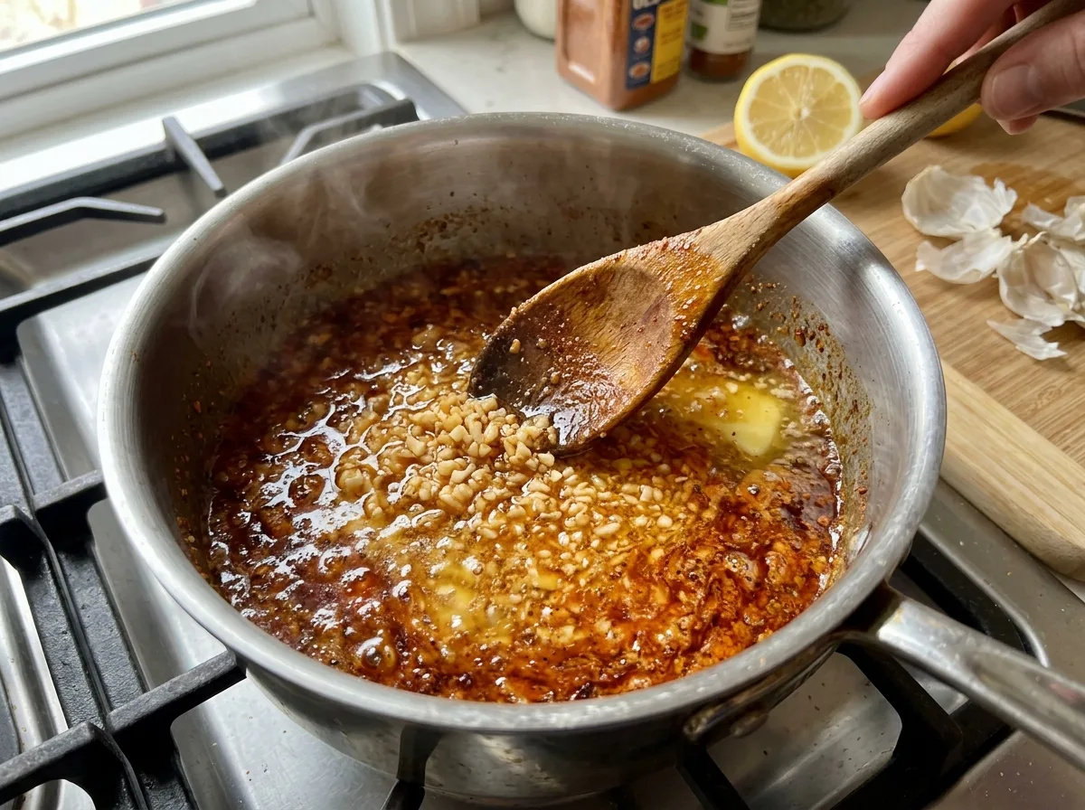 Stirring butter, minced garlic and Cajun seasoning in a saucepan to make seafood boil sauce