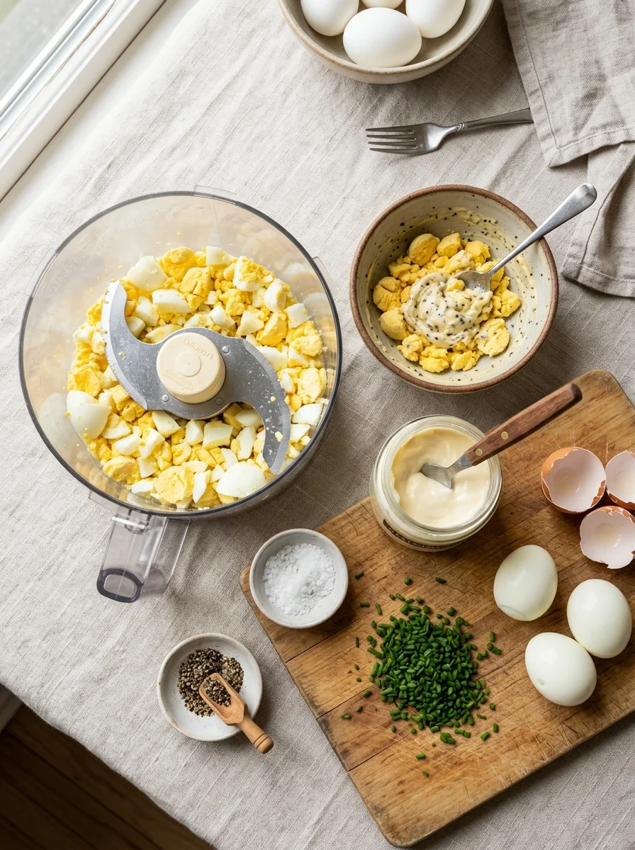 Pulsed hard-boiled eggs in a food processor with truffle butter yolks, mayonnaise and chives