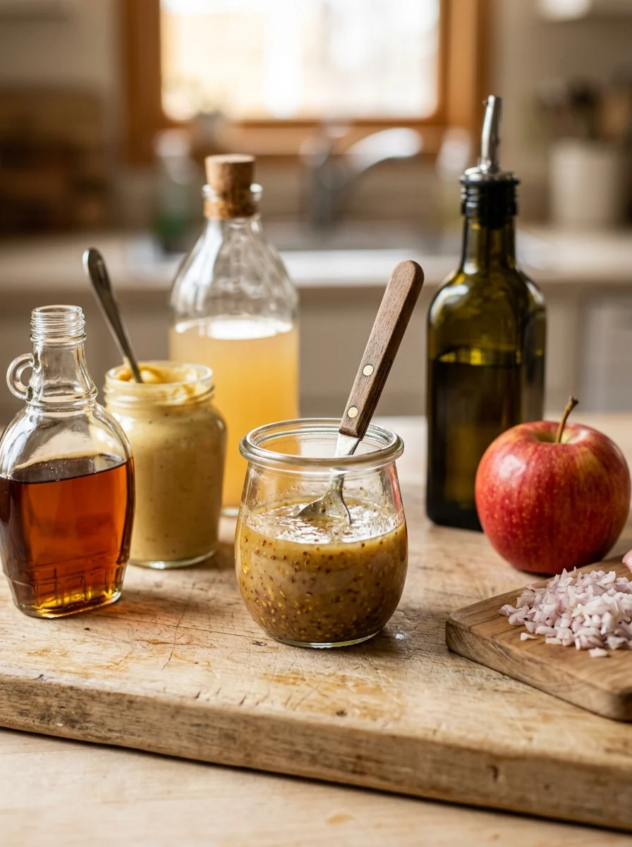 Homemade maple Dijon vinaigrette in a jar with maple syrup, mustard and olive oil