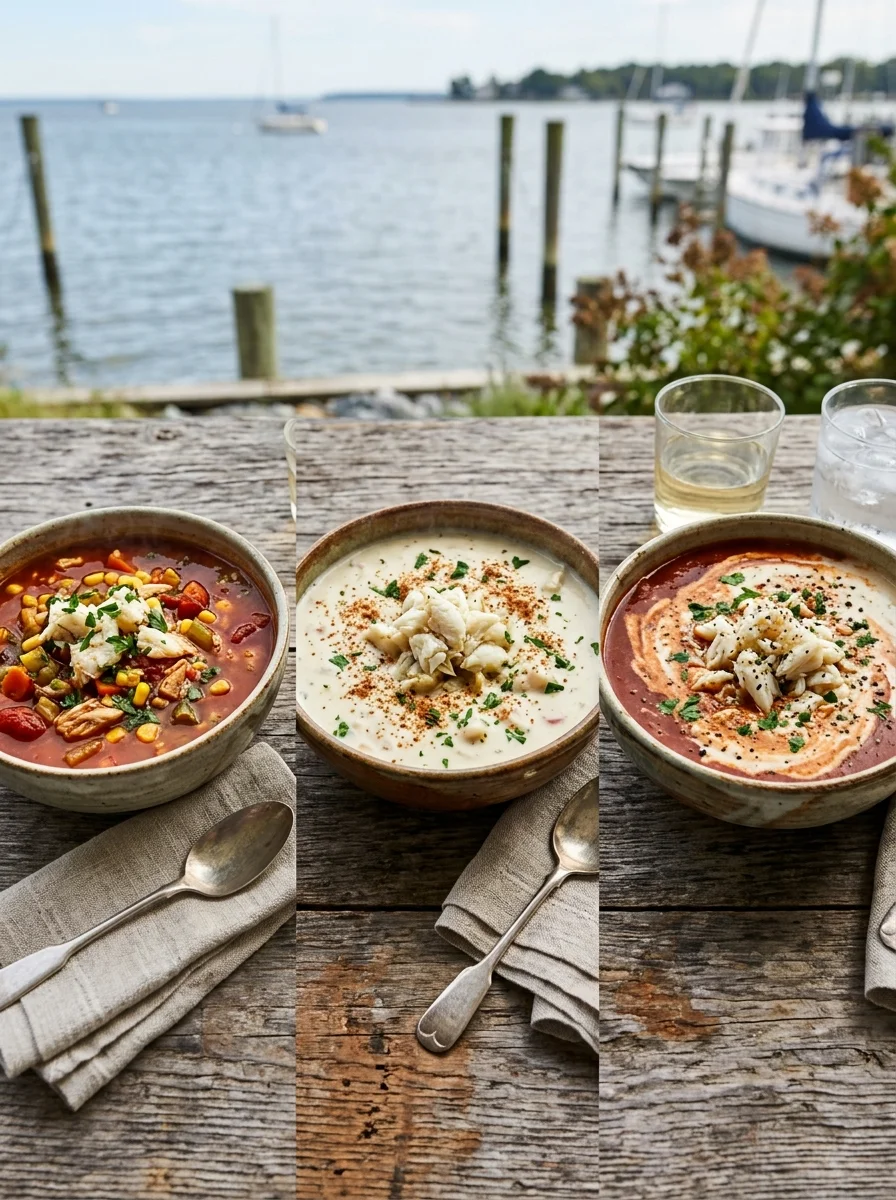 Maryland crab soup, cream of crab soup and half and half crab soup in bowls
