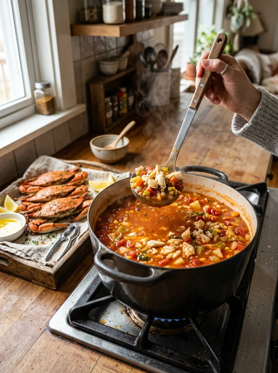 Pot of Maryland vegetable crab soup simmering on the stove with steamed blue crabs