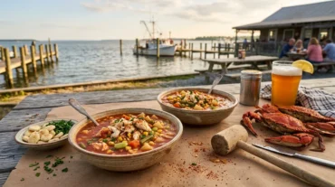 Two bowls of Maryland crab soup with blue crab, vegetables and Old Bay next to steamed crabs