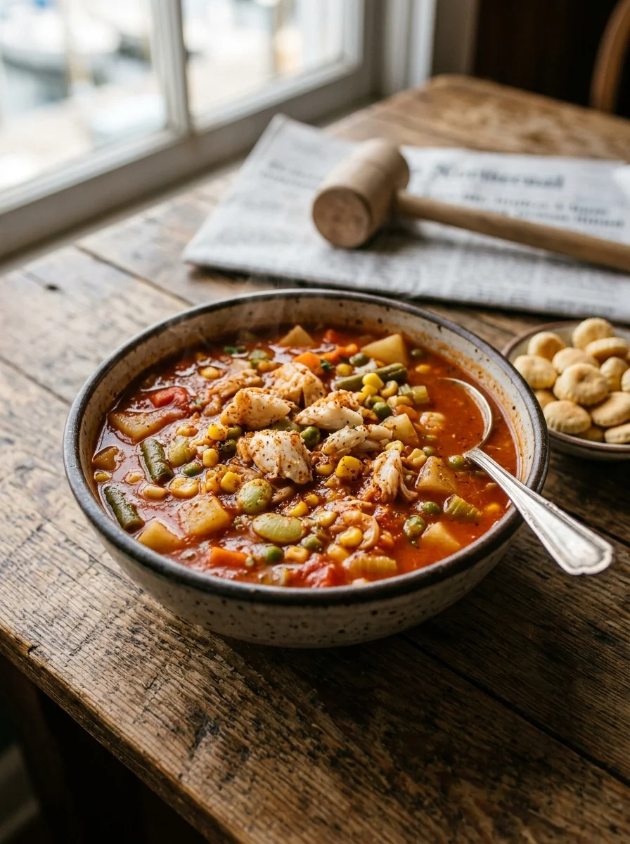 Bowl of Maryland crab soup with lump crab, vegetables and Old Bay seasoning