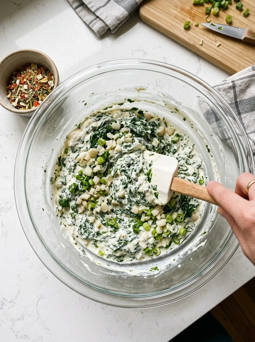 Mixing sour cream, mayonnaise, squeezed spinach, water chestnuts and green onions for spinach dip