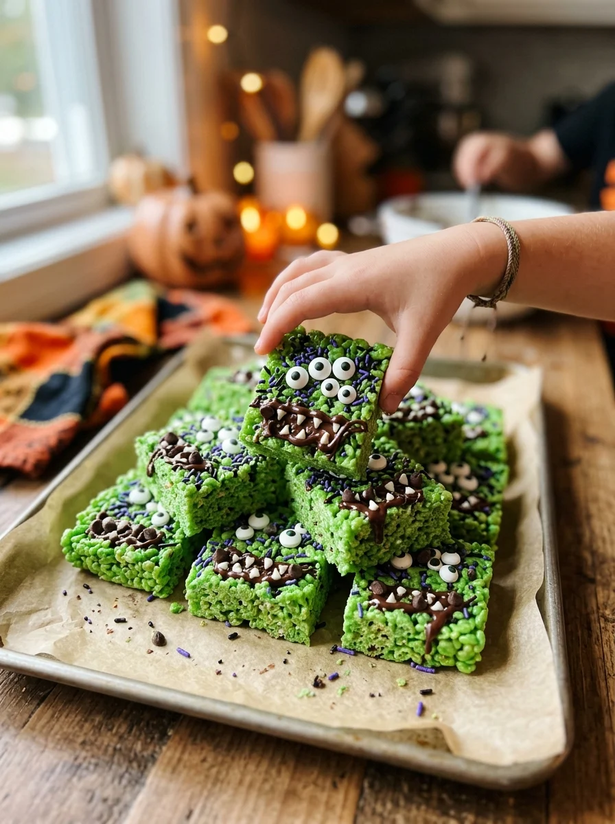 Green monster rice krispie treats with candy eyes and chocolate mouths on a baking tray
