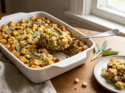 Oven-baked bread stuffing with celery, onion and sage in a white baking dish, a spoonful served on a small plate