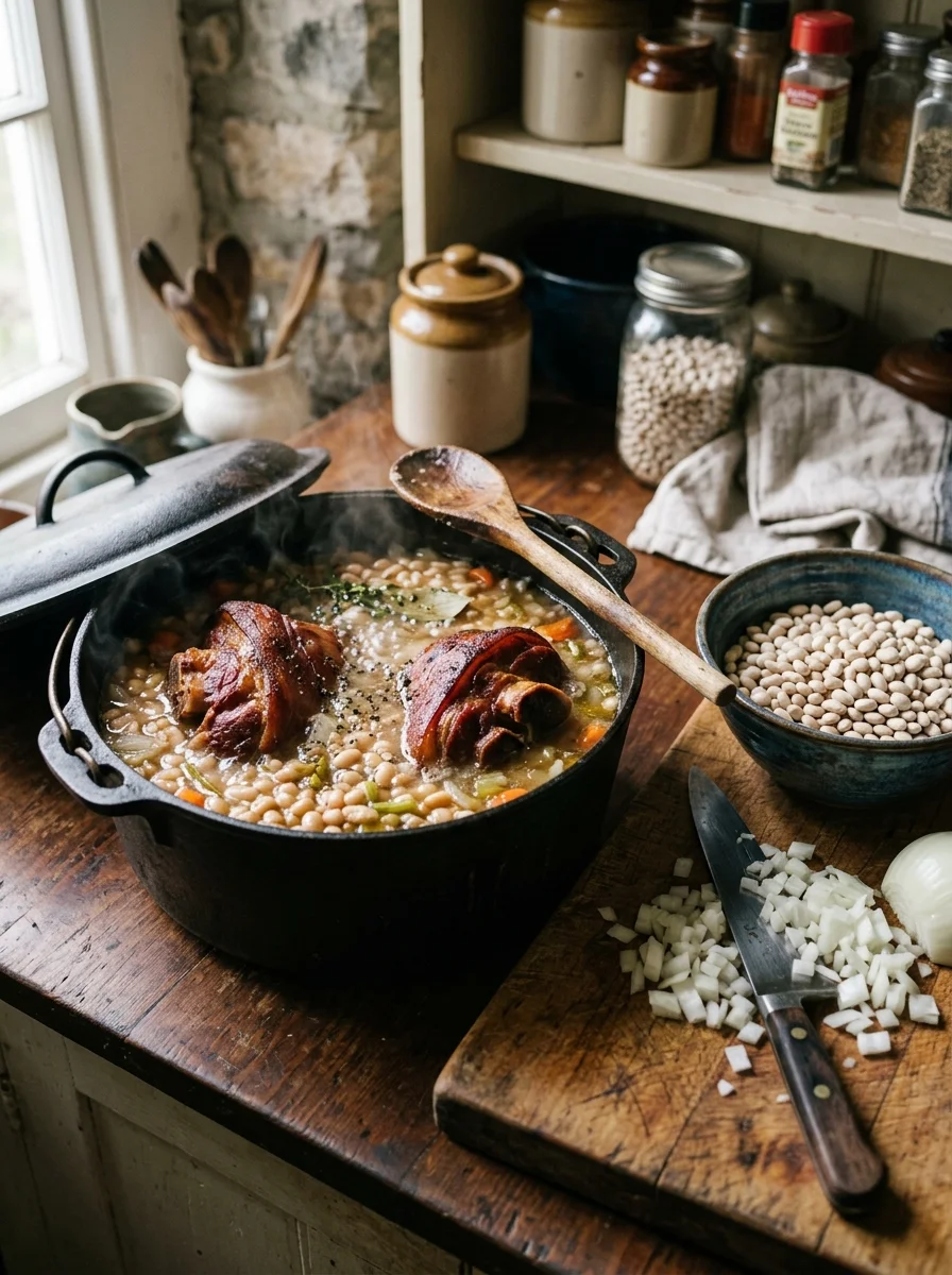 Navy beans and smoked ham hocks simmering in a cast iron Dutch oven