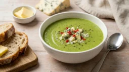 Nigella broccoli and Stilton soup in a white bowl topped with crumbled Stilton and red chilli