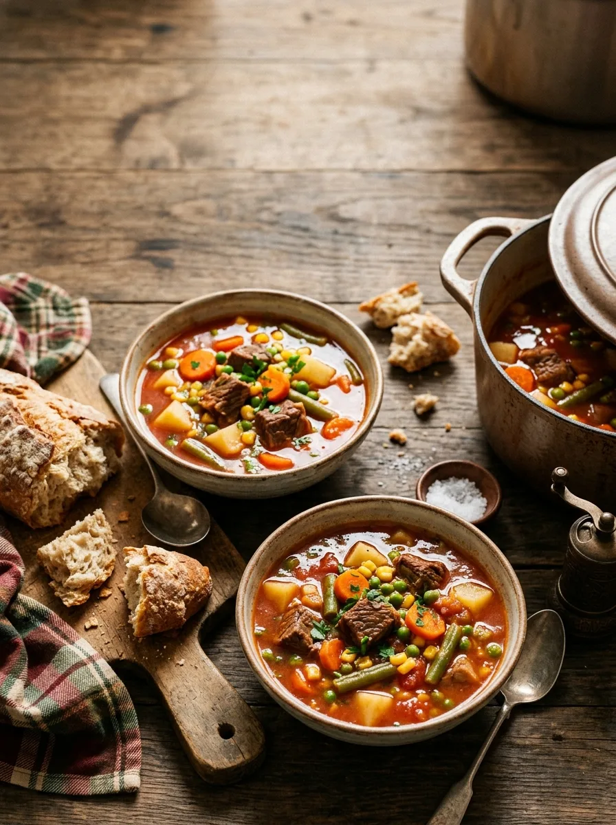 Two bowls of old fashioned vegetable beef soup with crusty bread and a pot on a rustic table