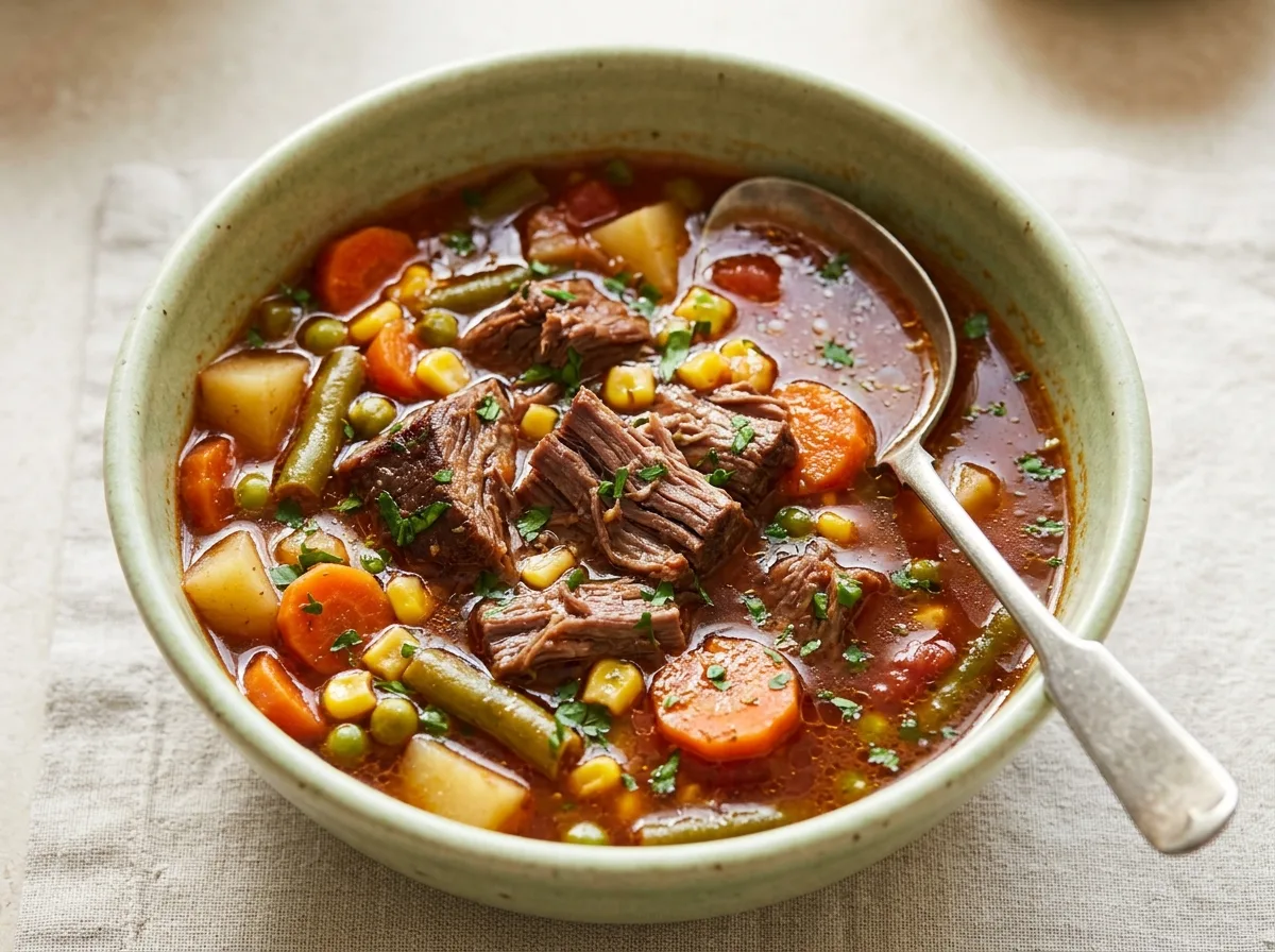 Old fashioned vegetable beef soup with chuck roast, potatoes, carrots, green beans, corn and peas in a green bowl