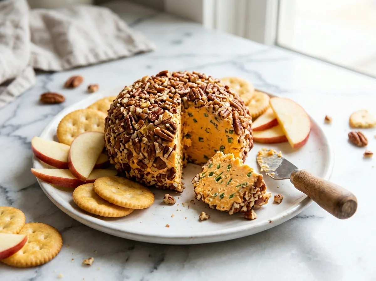 Pecan cheddar cheese ball with crackers and apple slices