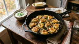 Pan-fried potato cheddar pierogi with caramelized onions and sour cream in a cast iron skillet