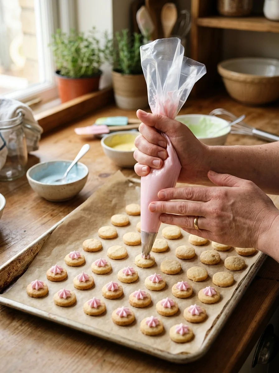 Piping pink royal icing stars onto mini biscuits for iced gems