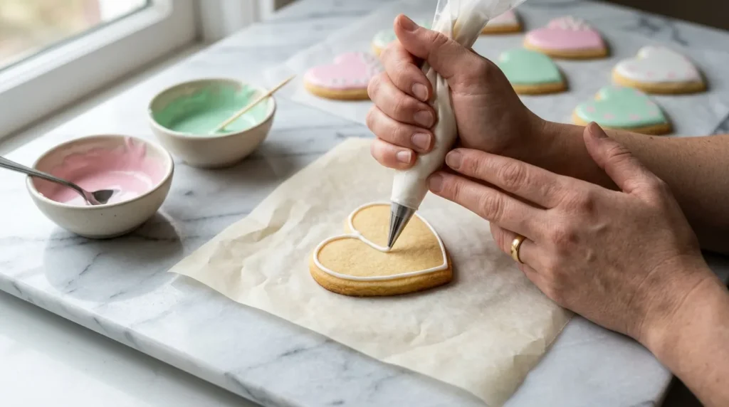 Piping a royal icing outline onto a heart sugar cookie with pastel icing bowls nearby