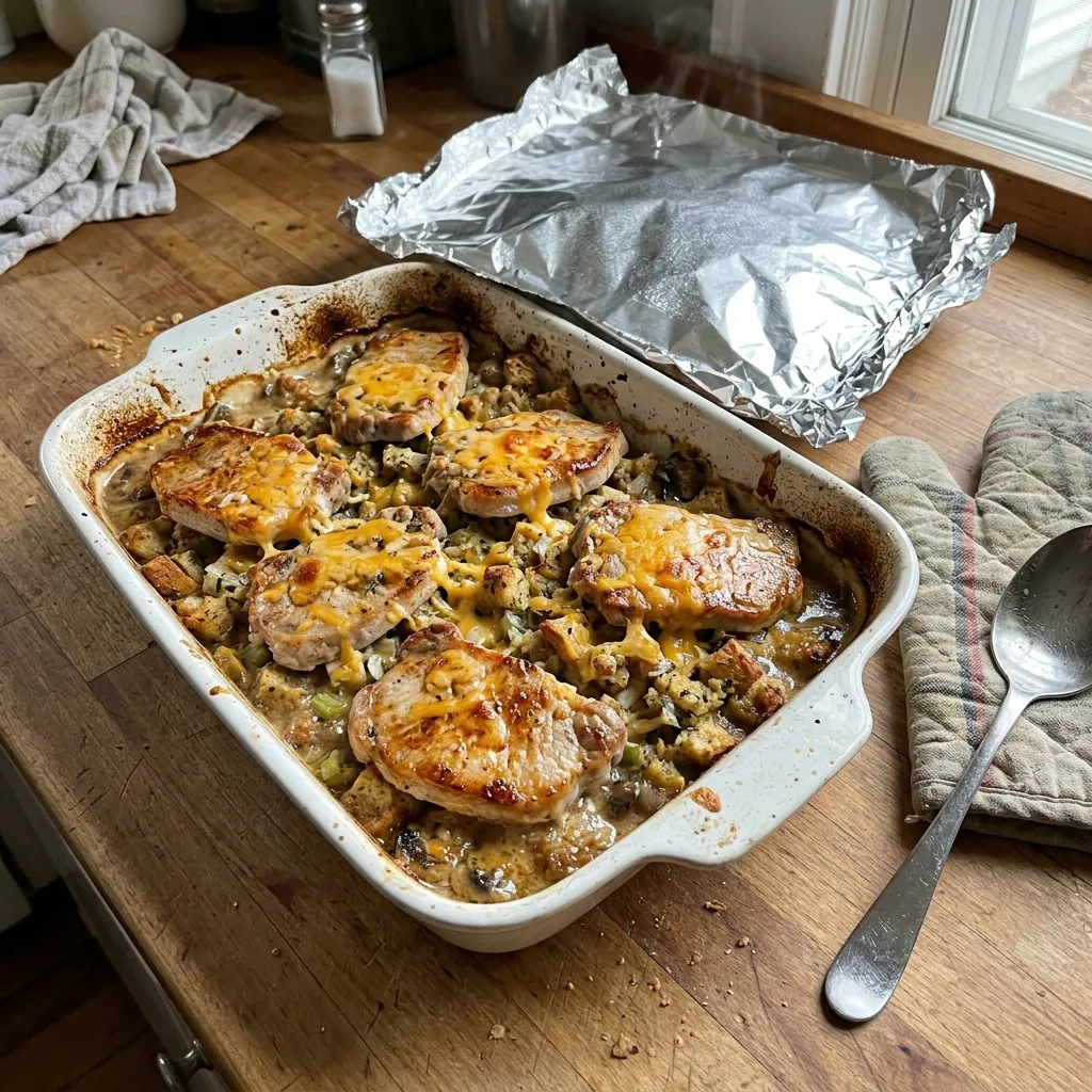 Pork chop stuffing bake in a white 13x9 baking dish with melted cheddar and creamy mushroom sauce