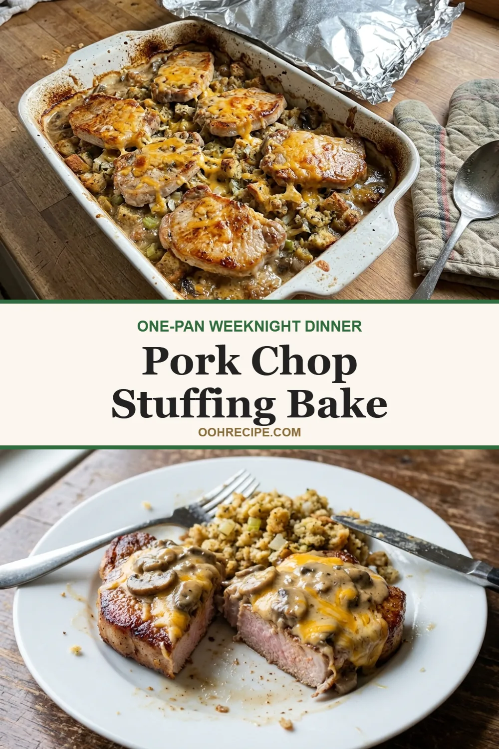 Pork chop stuffing bake in a baking dish and a sliced juicy pork chop on a white plate