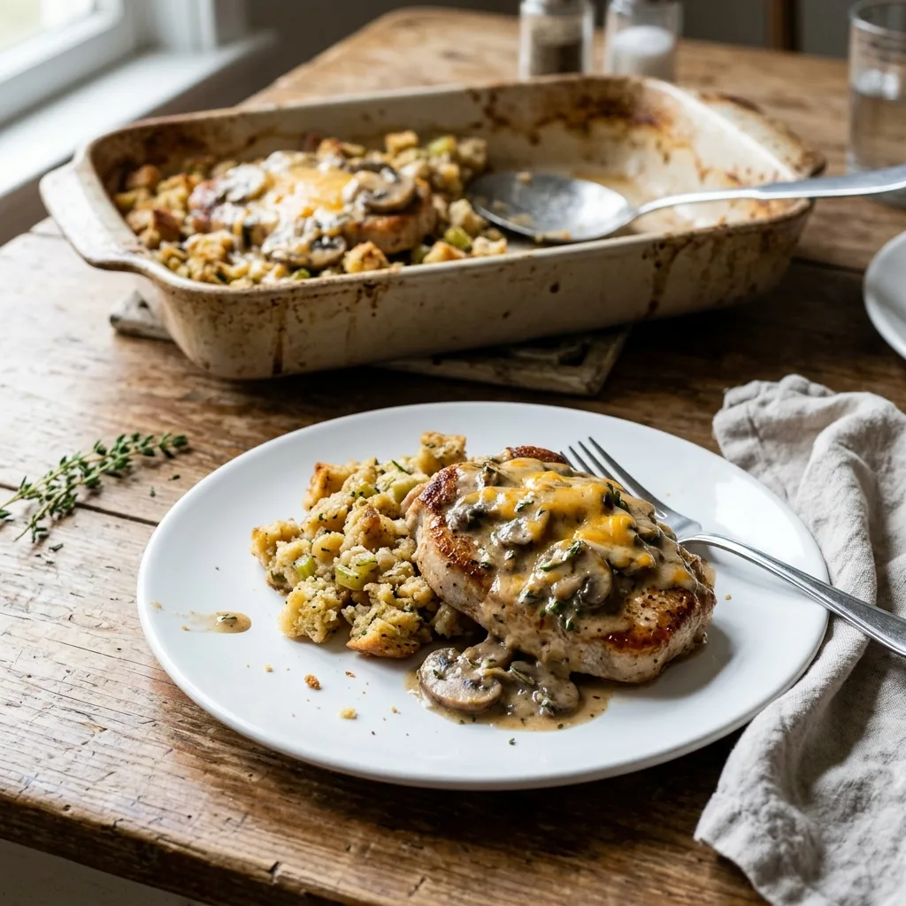 Pork chop stuffing bake served on a white plate with creamy mushroom sauce and melted cheddar